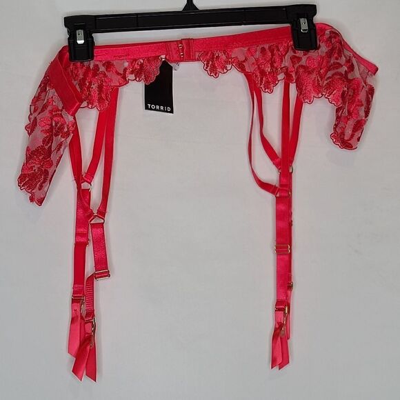 5X 6X Torrid Raspberry Pink Mesh Garter Belt Gold Floral Lace Lingerie Valentine - Picture 8 of 8